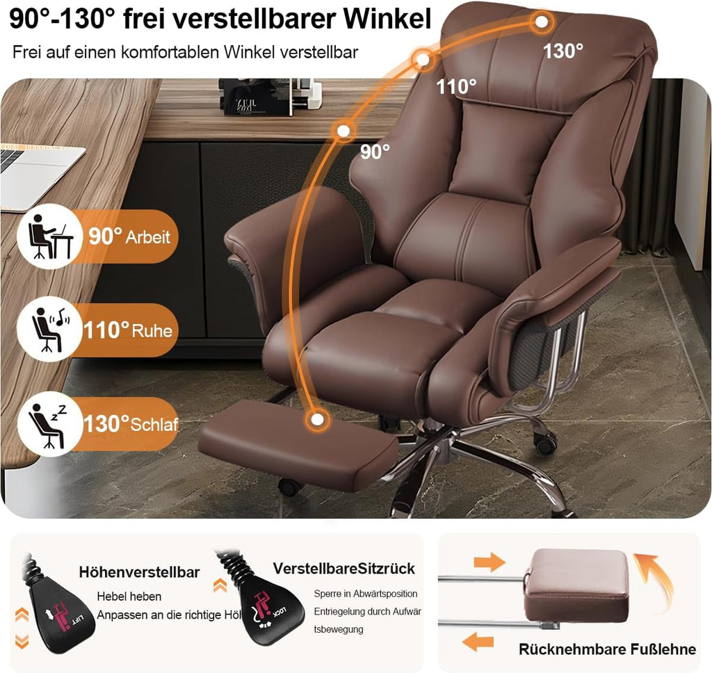 Silla de oficina con reposapiés y soporte lumbar – Silla gaming ergonómica con reposacabezas ajustable en altura y respaldo reclinable, silla giratoria de piel sintética con respaldo alto para oficina en casa (marrón)
