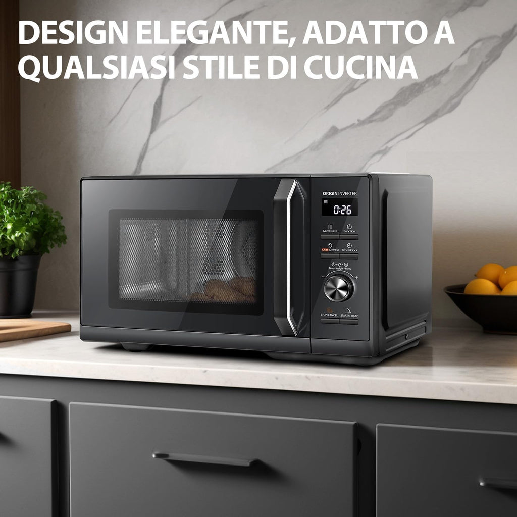 Microondas Toshiba MW3-AC26SFI(BK) con grill y convección/Horno microondas 6 en 1/26 L/Grill de 1000 W/Inversor Origin/Función Chef Defrost/Convección/Cocción combinada/Grill/Freidora de aire/Menú automático/Negro