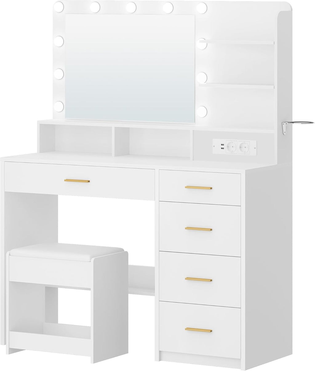 Tocador Hzuaneri con 10 luces LED, taburete, mesa de maquillaje con espejo grande, tocador con enchufe, soporte para secador de pelo y varios cajones, blanco DT42903XEU