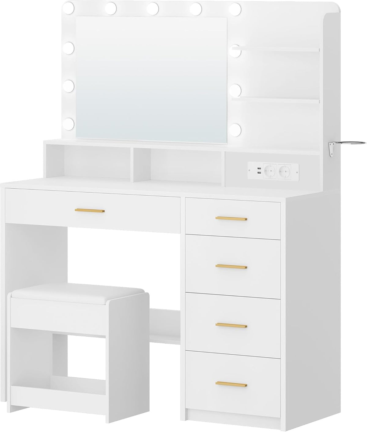 Tocador Hzuaneri con 10 luces LED, taburete, mesa de maquillaje con espejo grande, tocador con enchufe, soporte para secador de pelo y varios cajones, blanco DT42903XEU