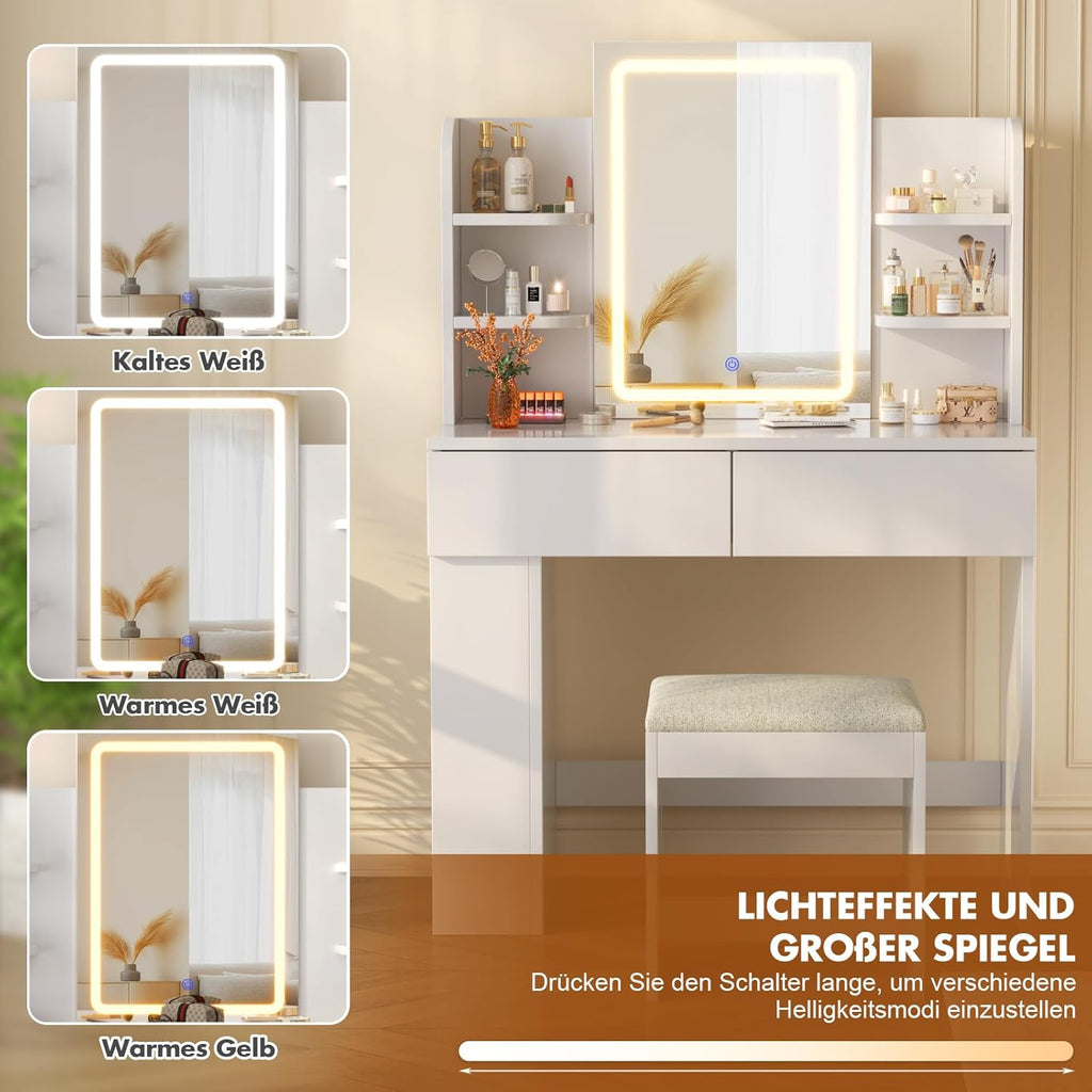 Tocador Devoko con espejo, mesa de maquillaje con espejo LED de brillo ajustable, tocador con taburete, 2 cajones, 4 estantes, moderno, 90 x 40 cm, blanco