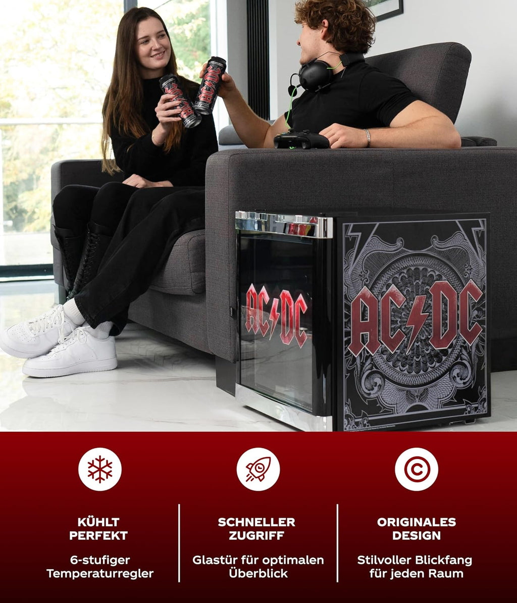 Mininevera °CUBES AC/DC de 48 L – Refrigerador de bebidas con puerta de cristal y sentido de apertura reversible | Silencioso y eficiente energéticamente (39 dB) | Perfecto para bar, oficina y gaming | Diseño icónico para fans del rock