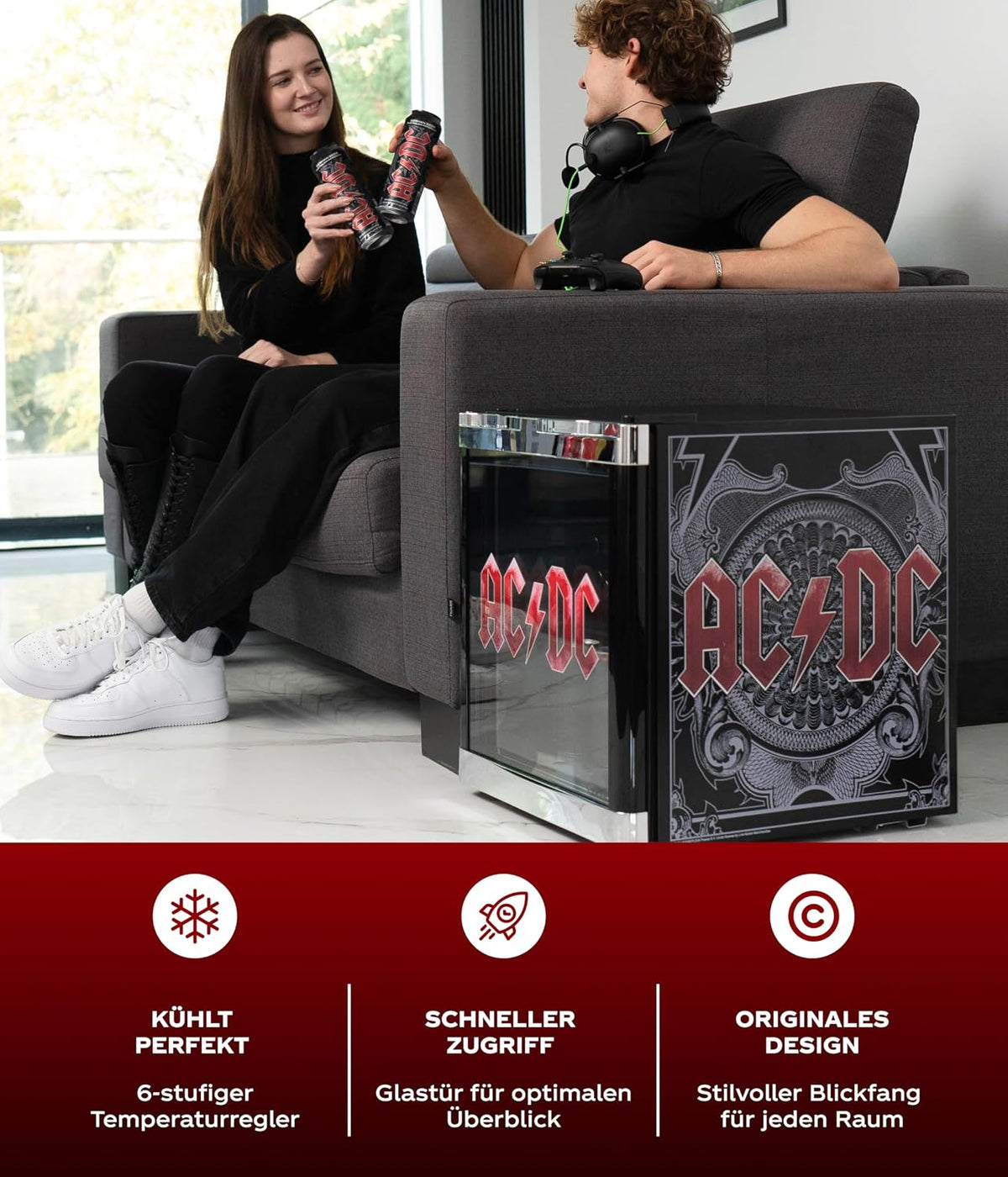 Mininevera °CUBES AC/DC de 48 L – Refrigerador de bebidas con puerta de cristal y sentido de apertura reversible | Silencioso y eficiente energéticamente (39 dB) | Perfecto para bar, oficina y gaming | Diseño icónico para fans del rock