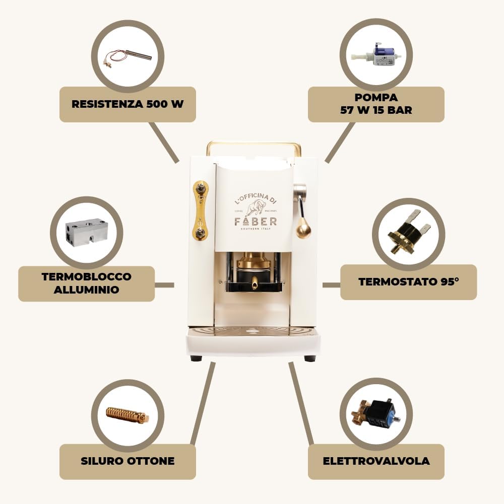 Cafetera Faber PRO Total Deluxe de latón, papel ESE de 44 mm, 1,3 litros, (blanco)
