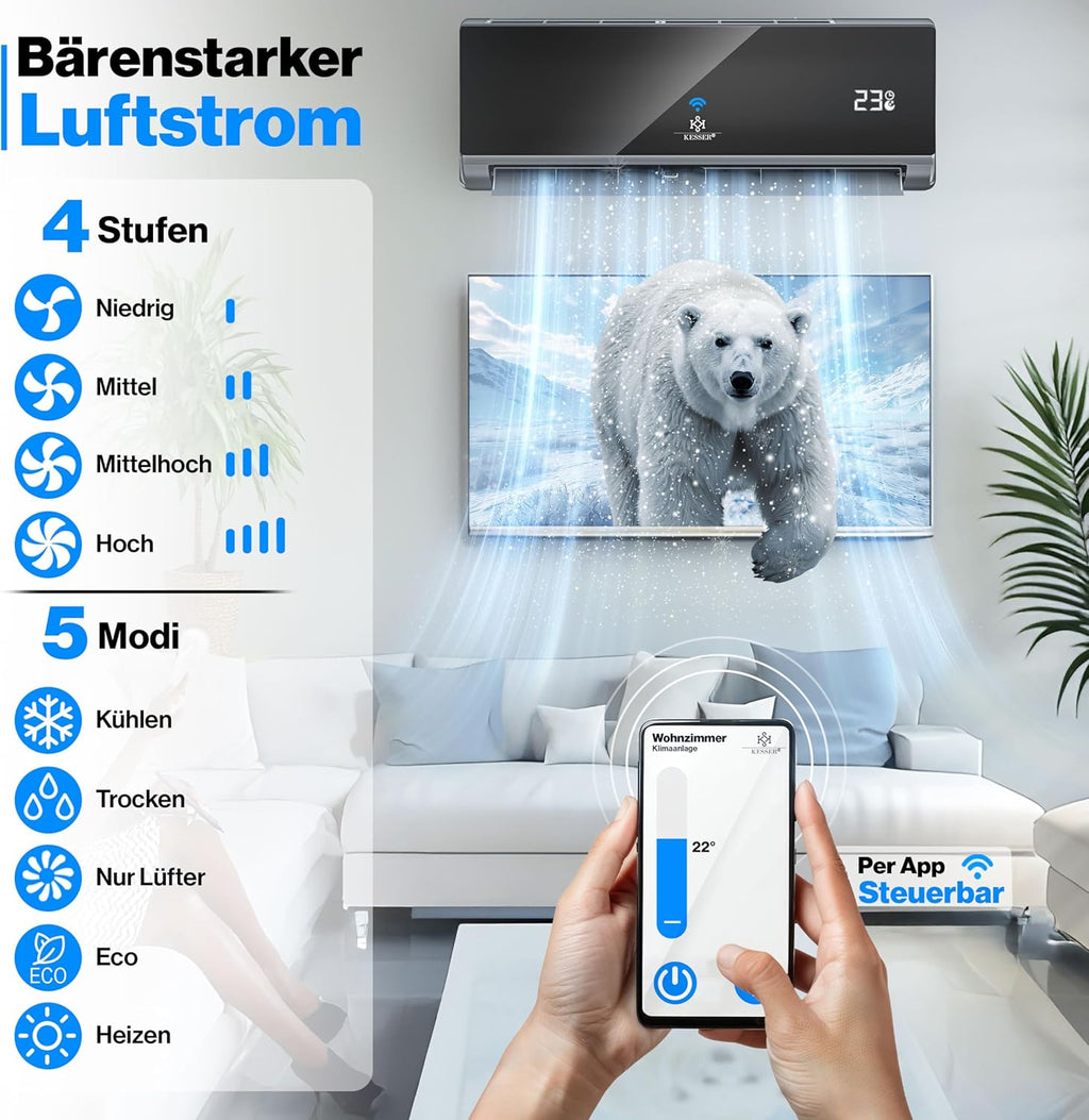 KESSER® Set de aire acondicionado Split - con función WiFi/App - Refrigeración A++/ Calefacción A+ - 9000 BTU/h (2600 vatios) Refrigerante R32 - Mando a distancia, función de temporizador - Incluye material de montaje completo
