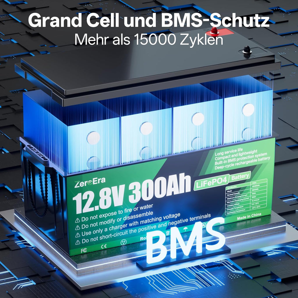 Batería LiFePO4 de 12V 300Ah, batería de litio de 3840Wh con protección de temperatura BMS de 200A, más de 15000 ciclos de carga, compatible con conexión en serie/paralelo para almacenamiento doméstico y autocaravanas.
