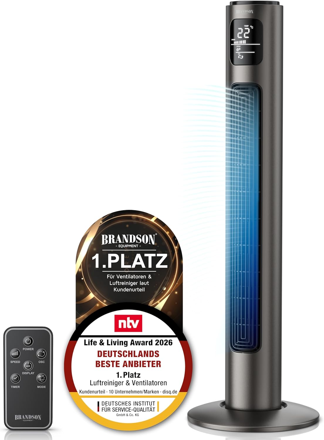 Brandson - Ventilador de torre con mando a distancia - Galardonado 2026 - Oscilación 60° - Ventilador de pie - ventilador portátil - ventilador de columna - 96 cm - Ventilador 3 niveles de velocidad - GS - Grafito