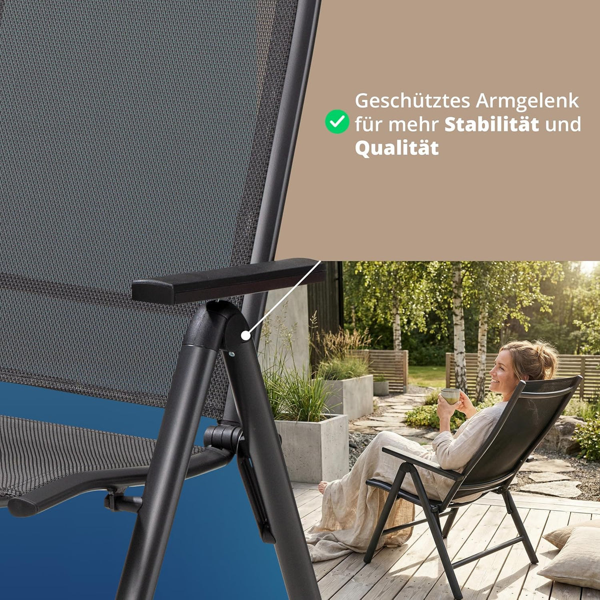 Set de 4 sillas de jardín de respaldo alto KHG, silla plegable de aluminio, respaldo ajustable en 8 posiciones con reposabrazos, gris antracita resistente a la intemperie e inoxidable, soporta 120 kg, silla de balcón, premontada, tejido sintético
