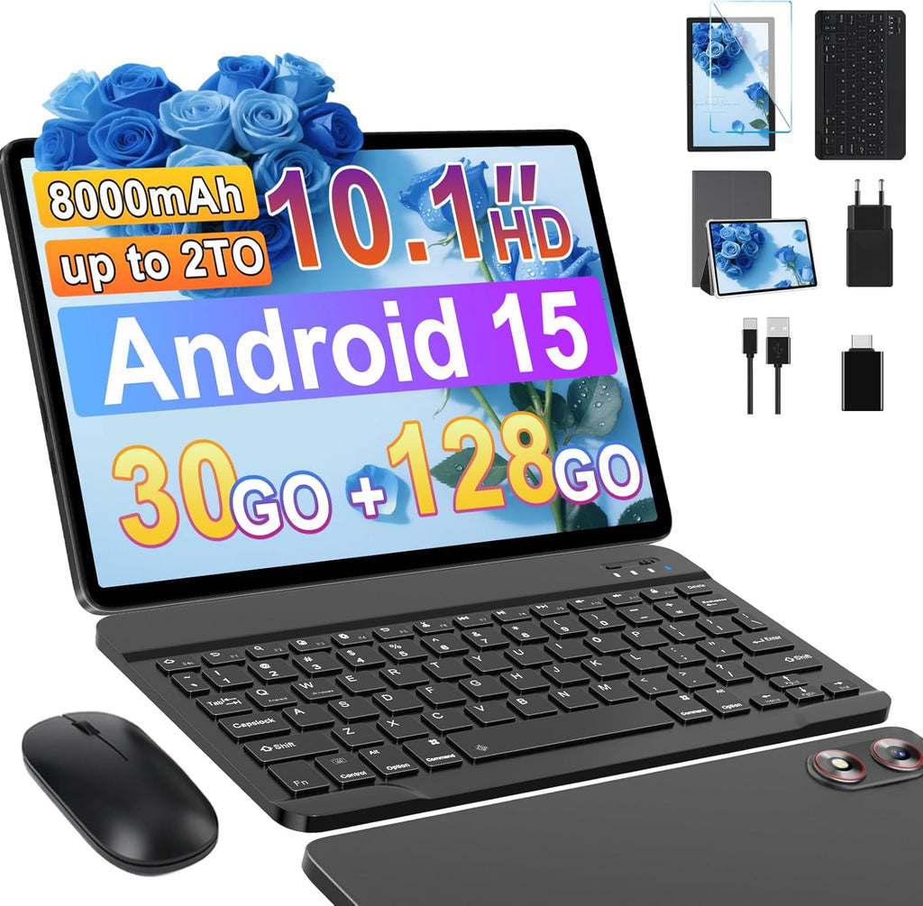 Tableta Android 15 con 5G WiFi 10 pulgadas 30 GB RAM + 128 GB ROM (2 TB ampliable), Widevine L1, Octa-Core 2.0 GHz/8000 mAh/8+5 MP/Altavoces duales, tabletas con teclado+ratón y funda-gris