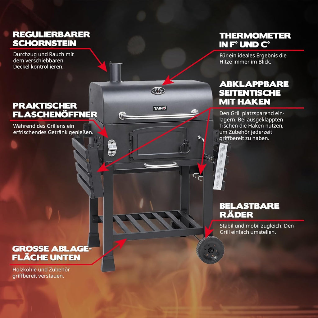 TAINO HERO XL Barbacoa ahumadora, carro grill, barbacoa de carbón, chimenea de exterior, barbacoa de pie, ahumador, accesorios