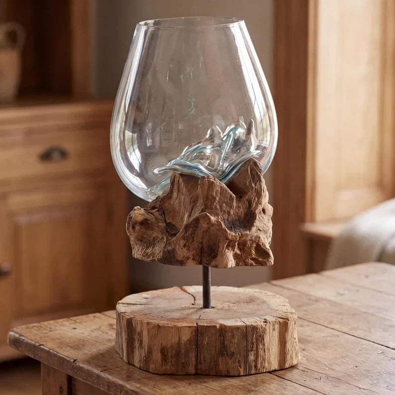 Jarrón de vidrio soplado a mano sobre soporte de madera, centro de mesa de madera flotante, decoración del hogar estilo boho