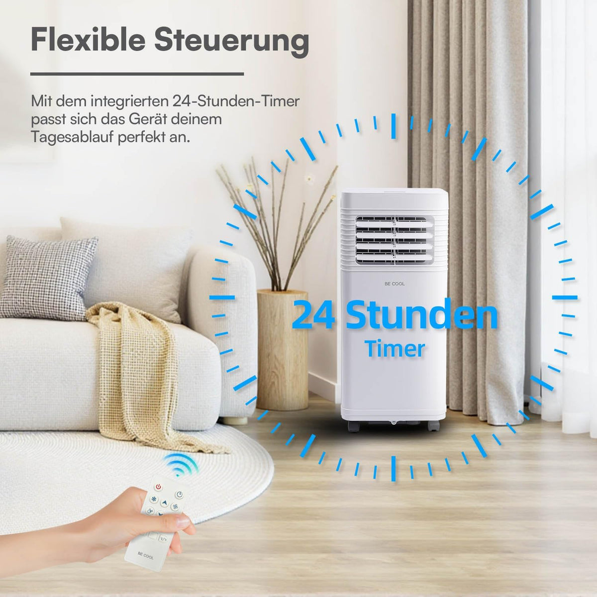 Acondicionador de aire portátil BE COOL 7000 BTU con Wi-Fi, 3 en 1 para refrigerar, deshumidificar y ventilar, para habitaciones de hasta 24 m², mando a distancia, temporizador, modo noche, clase energética A, blanco