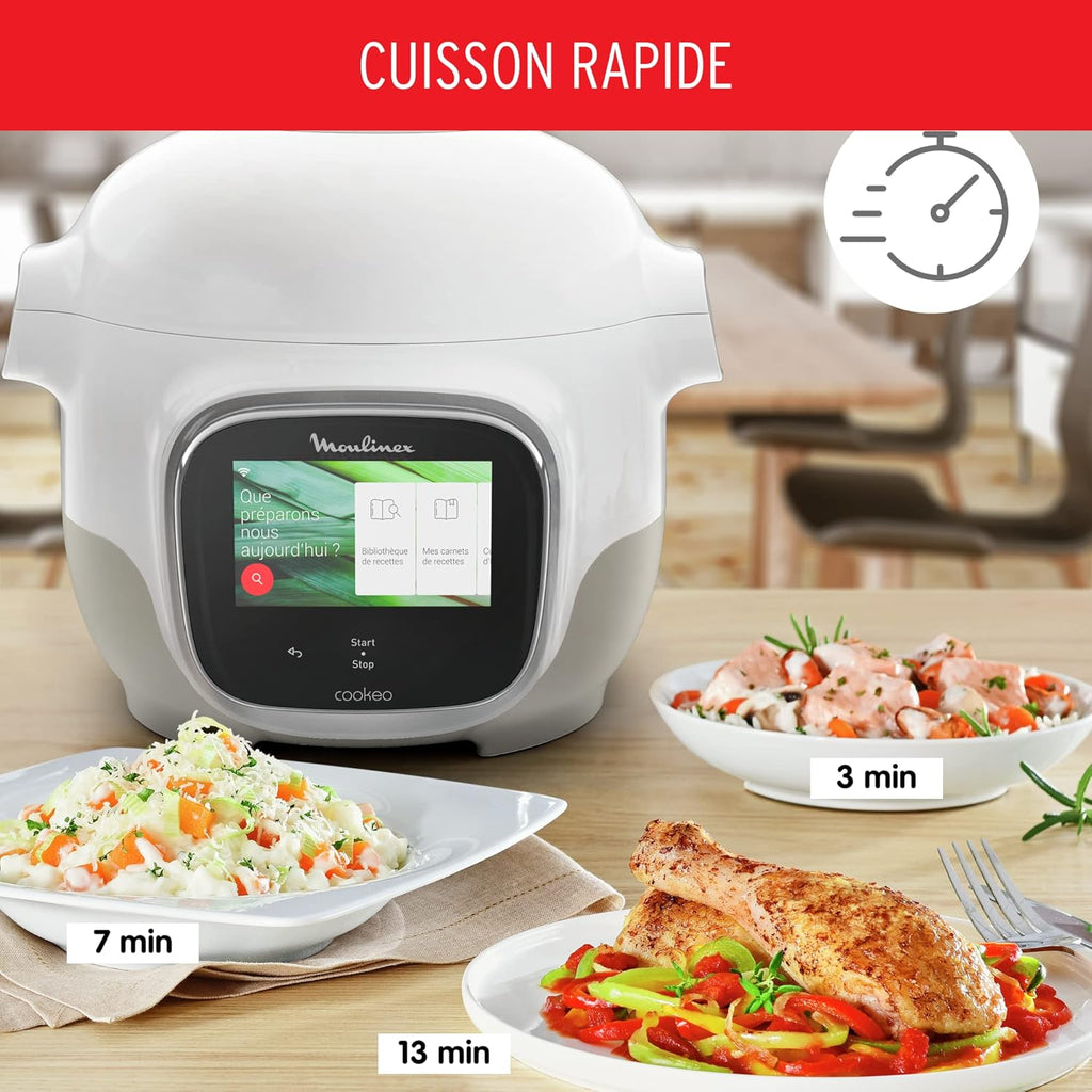 Moulinex Cookeo Touch Wifi Mini, multicocina inteligente de alta presión, 3 litros, 100 recetas integradas y recetas gratuitas vía Wifi, pantalla táctil, YY5132FB, Blanco