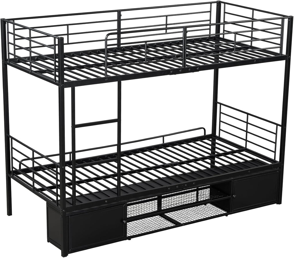 Litera cama infantil 90x200 cm, estructura de cama de metal con zapatero abierto y 2 armarios de almacenamiento con puertas, litera cama alta cama de hierro para niños, adolescentes y adultos, negro