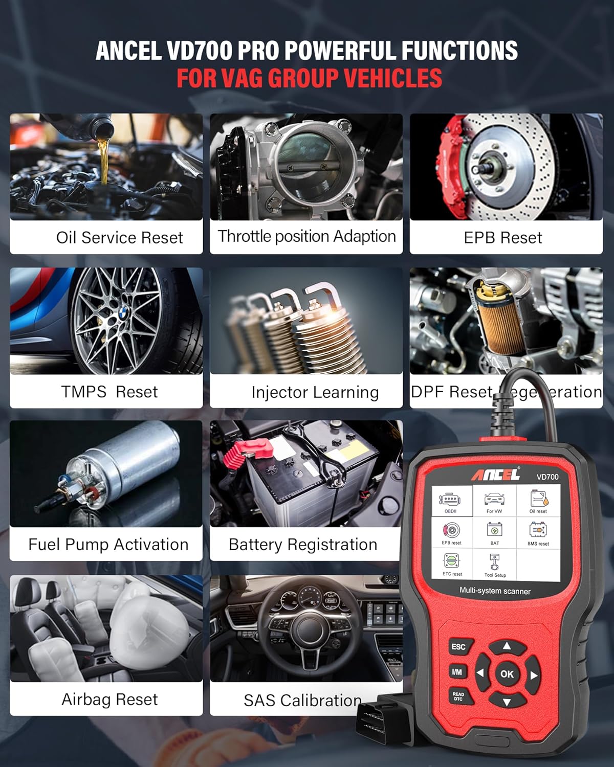ANCEL VD700Pro Lector de códigos OBD2 de diagnóstico de todos los sistemas para vehículos VAG Volkswagen Audi Seat Skoda Escáner OBD Restablecimiento de aceite TPMS EPB TPS Codificación de inyectores SAS Regeneración DPF