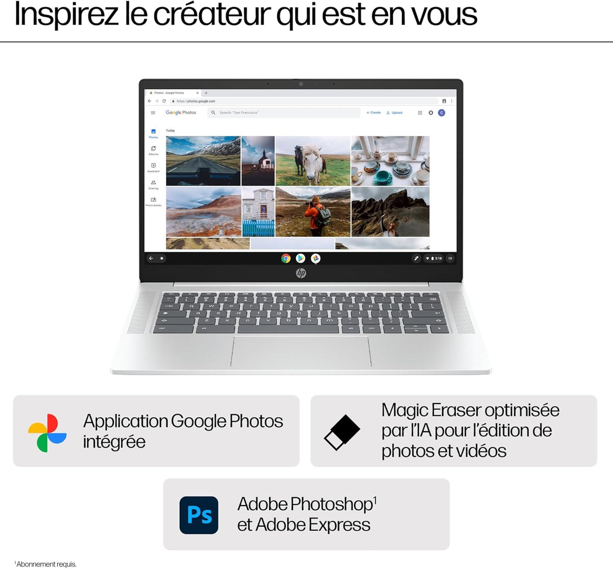 HP Chromebook 14a-nf0001sf Portátil 14" HD, PC Portátil (Intel Celeron N100, RAM 4 GB, Flash 128 GB, Intel Iris XE, Chrome OS), Ordenador Portátil Plata, Teclado AZERTY