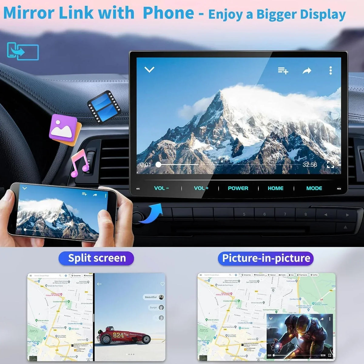 Autoradio Android 13 de 10,1 pulgadas, Apple CarPlay inalámbrico, Android Auto, navegación, DAB+, 1 DIN, Bluetooth, 8 núcleos, 32 GB, WiFi, 4G, GPS, cámara de visión trasera