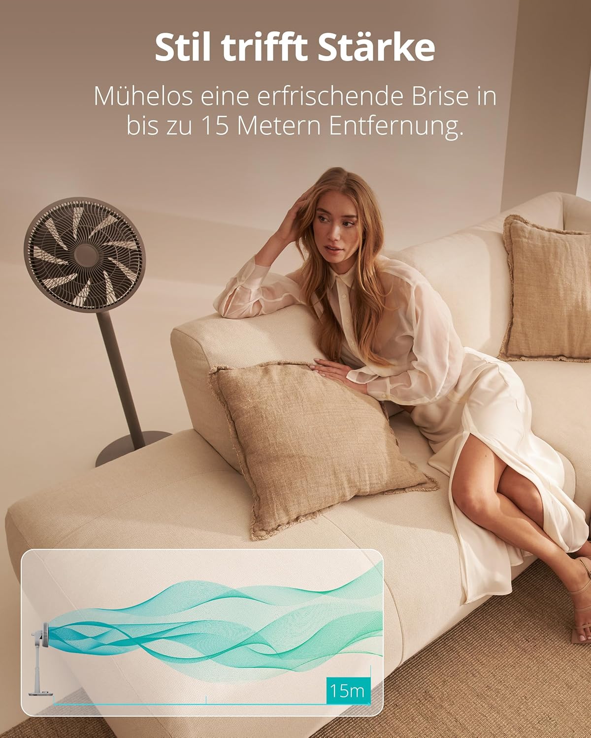 Ventilador de pie silencioso Duux Whisper 2 - Motor CC eficiente con 26 velocidades - Ventilador de altura regulable (73-95 cm) - Oscilación horizontal y vertical - Blanco