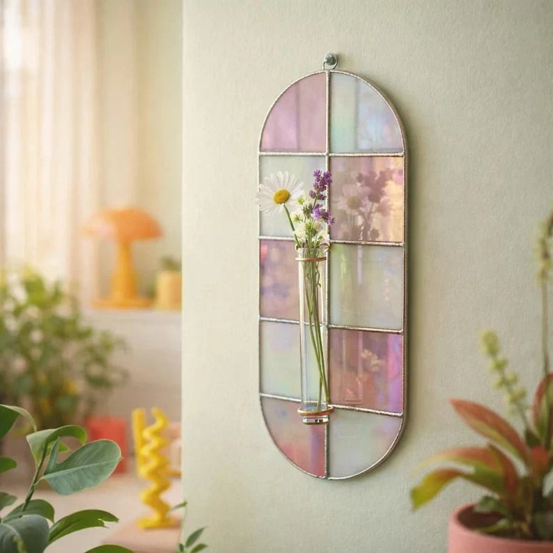 Florero de pared de vidrieras con patrón de tablero de ajedrez rosa y blanco, arte de jardín bohemio, lámina de cobre Tiffany