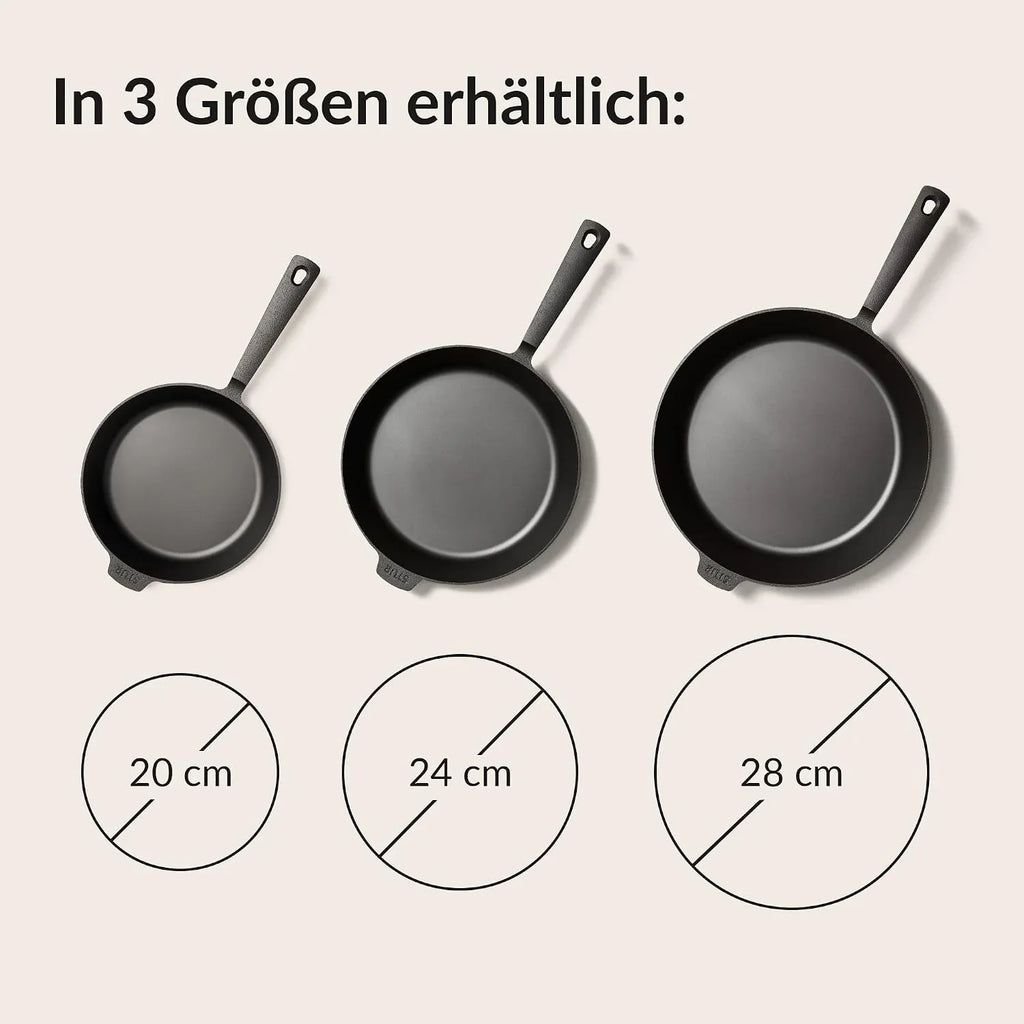Sartén de hierro fundido de 28 cm, apta para inducción y todo tipo de cocinas, pulida finamente, sin recubrimiento, fabricada en Alemania.
