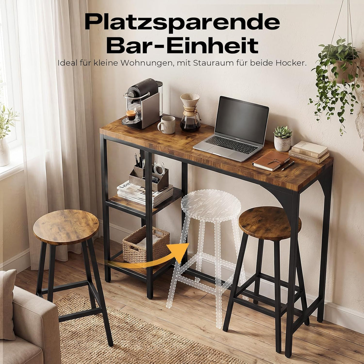 Juego de mesa de bar y taburetes HOKEEPER para 2 personas, barra de cocina, juego de mesa de pub, sala de estar, comedor (retro)