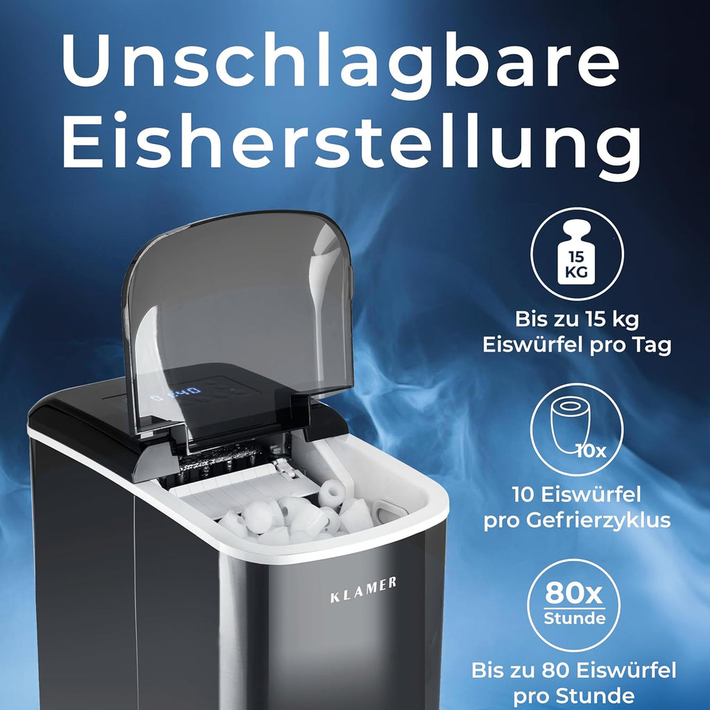 Máquina de hielo KLAMER pequeña con pala para hielo y 2 tamaños de cubitos - 10 cubitos en solo 7 min, 15 kg de hielo al día - máquina de hielo silenciosa con temporizador (negro)