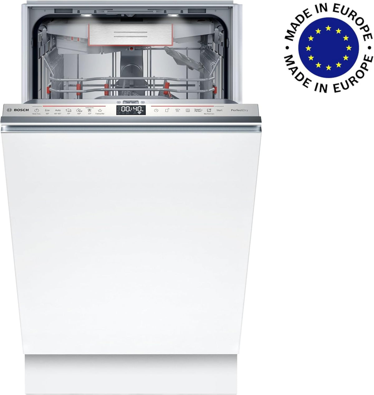 Lavavajillas inteligente Bosch Serie 2 SPV2IKX10E, totalmente integrable, 45 cm de ancho, cesta para cubiertos, secado extra con solo pulsar un botón, InfoLight punto de luz rojo en el suelo, protección AquaStop contra daños por agua, blanco