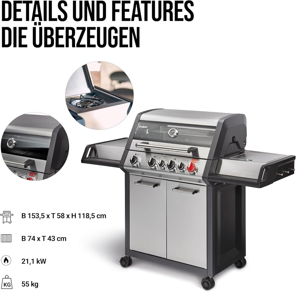 Barbacoa de gas Enders® MONROE PRO 4 SIK TURBO, 4 quemadores de acero inoxidable, hornillo lateral, quemador trasero por infrarrojos, ventana de visualización, HEAT RANGE™, SWITCH GRID™, 800 °C TURBO ZONE™, SIMPLE CLEAN™, #8378