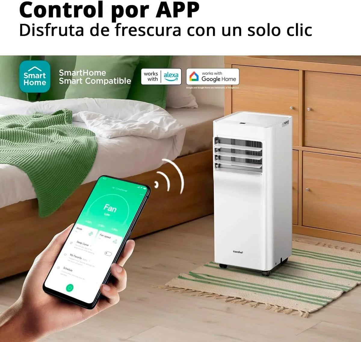 Aire Acondicionado Portátil COMFEE 9000 BTU/2300 Frigorías Breezy Cool Pro – Climatizador sin unidad exterior, Bajo Consumo, Control por App y Kit de Ventana – Refrigera, Ventila y Deshumidifica