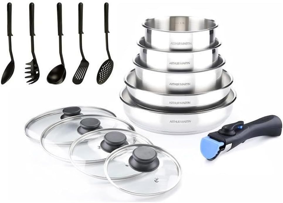 AM5535 : Batería de cocina de 15 piezas Arthur Martin, sartenes y cacerolas de acero inoxidable con accesorios, interior pulido espejo, compatible con todas las fuentes de calor, incluida inducción, color cromo