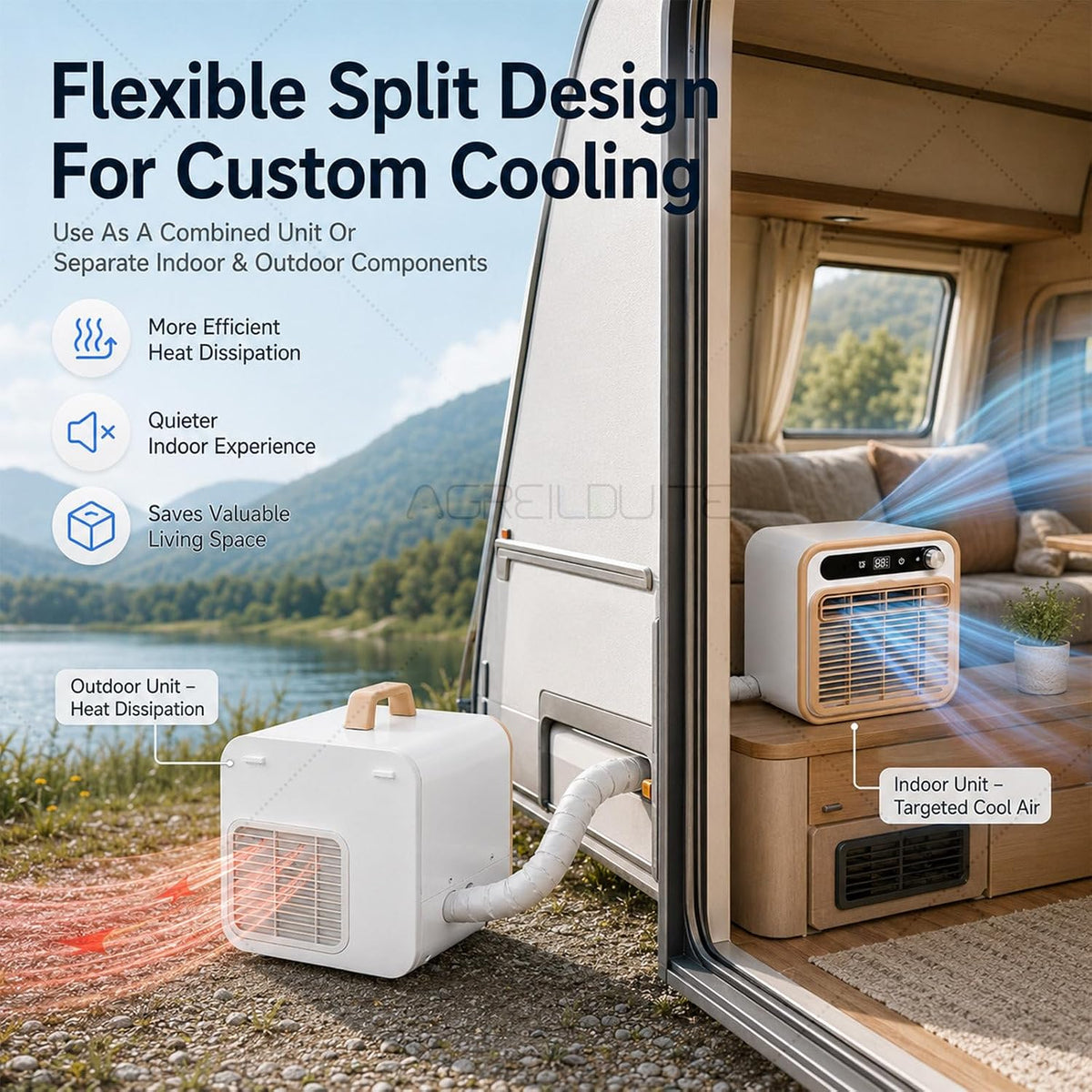 Outdoor Camping Split-Klimaanlage, 130m³/h Luftstrom Wohnmobil Klimaanlage Mit Waschbarem Filter & Fernbedienung & App-Steuerung, Tragbare Klimaanlage Für Zelt, Camper & Wohnwagen 1m-Pipe