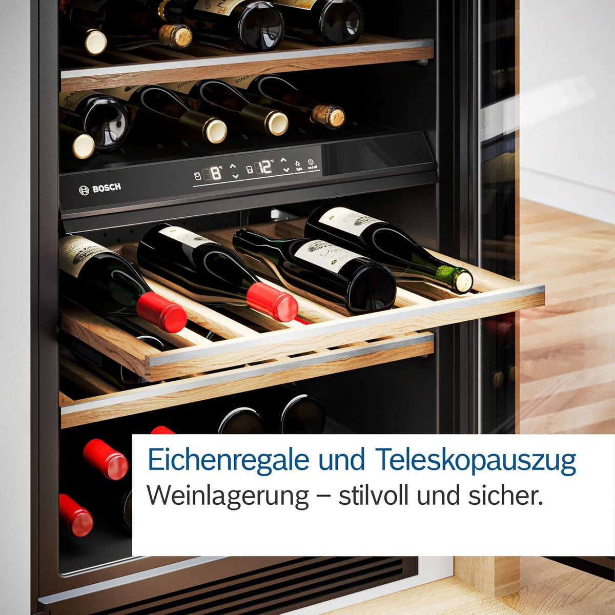 Bodega climatizada Bosch KWK36ABGA Serie 6, 186 x 60 cm, 199 botellas, temperatura: 5-20 °C, dos zonas de temperatura, 405 l, iluminación LED uniforme, luz de presentación desconectable