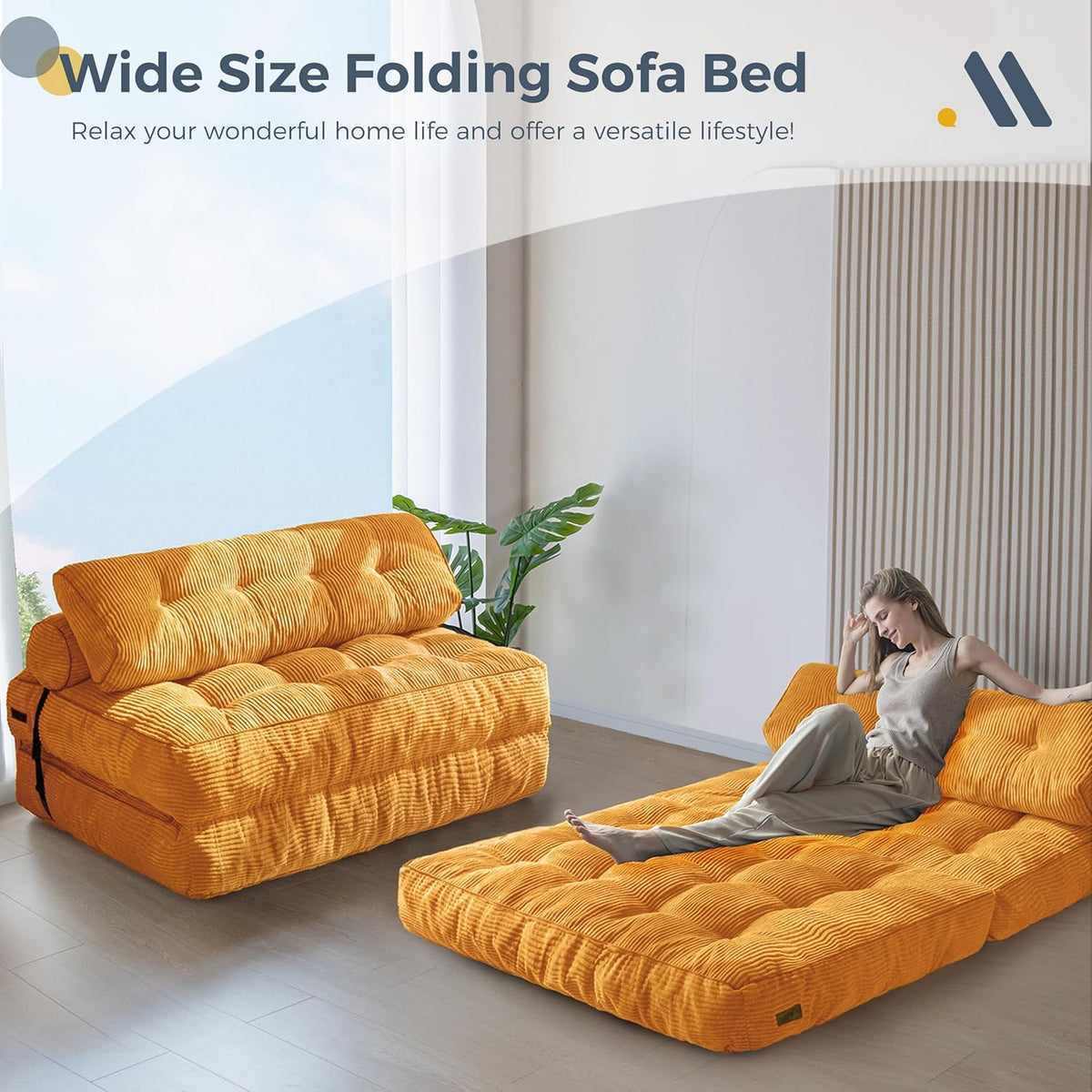 MAXYOYO Sofá cama plegable, sillón convertible con cojín, colchón con soporte para la espalda, silla cama portátil, sofá de suelo cómodo para salón o dormitorio, naranja, doble