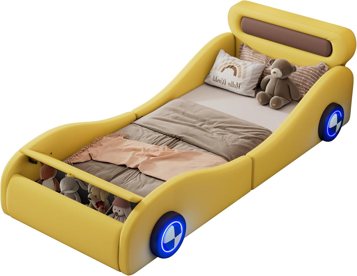 Cama infantil con forma de coche, cama juvenil 90x200, cama tapizada individual con ruedas iluminadas y espacio de almacenamiento, emocionante cama infantil de carreras, cama de juegos para niños con somier, PU, sin colchón, amarillo