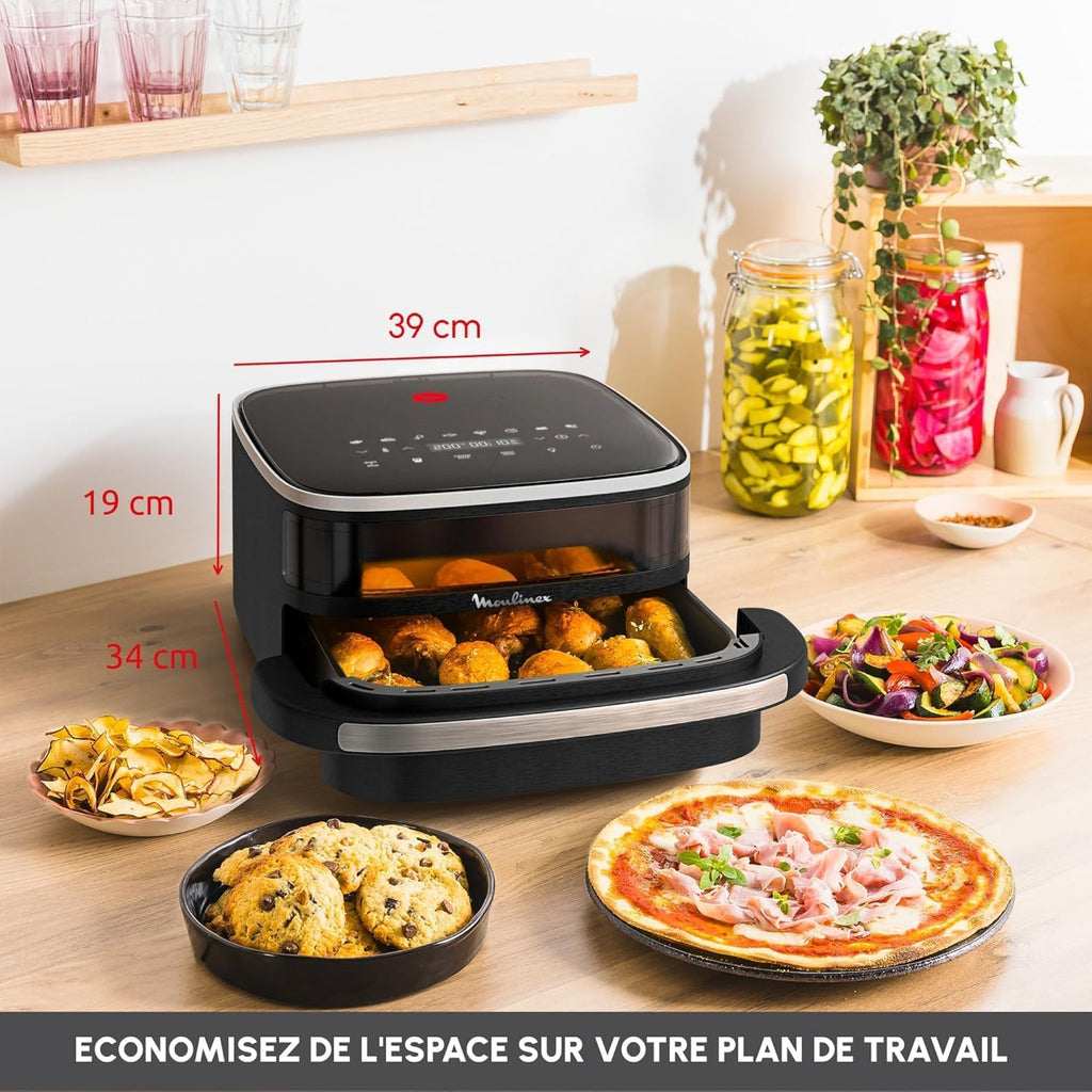 LOTE Freidora de aire Moulinex Surface & Pizza 4 L, gran superficie de cocción, ventana de visualización, negro AL4018F0 + 3 utensilios Tefal: pelador de verduras K2071814 + pinza de cocina K2060714 + espátula K20608