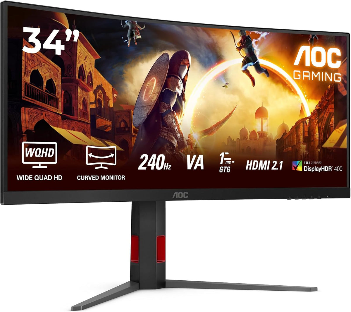 AOC Gaming CU34G4Z - Monitor curvo WQHD de 34 pulgadas, 240 Hz, FreeSync Prem., HDR400 (3440x1440, 1 ms GtG, 2x HDMI 2.1, 1x DisplayPort 1.4, Hub USB) Negro-Rojo