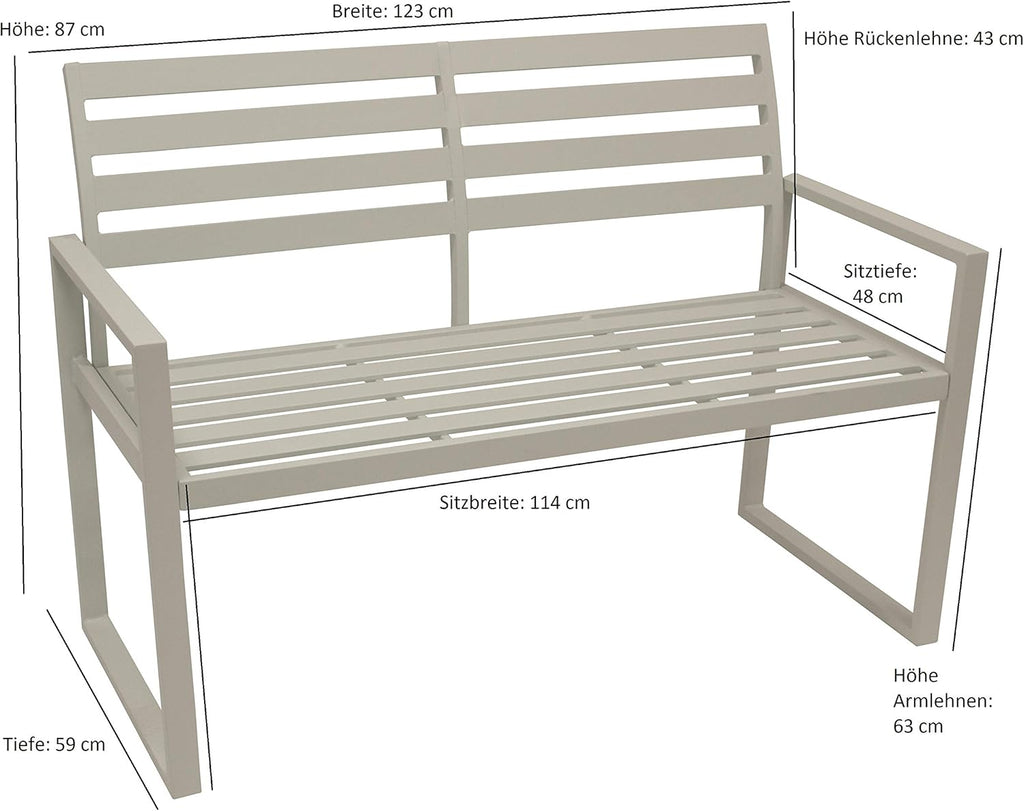 Banco de jardín DEGAMO Atlanta de 2 plazas, 123 cm, de aluminio resistente a la intemperie y al óxido, blanco, para exteriores