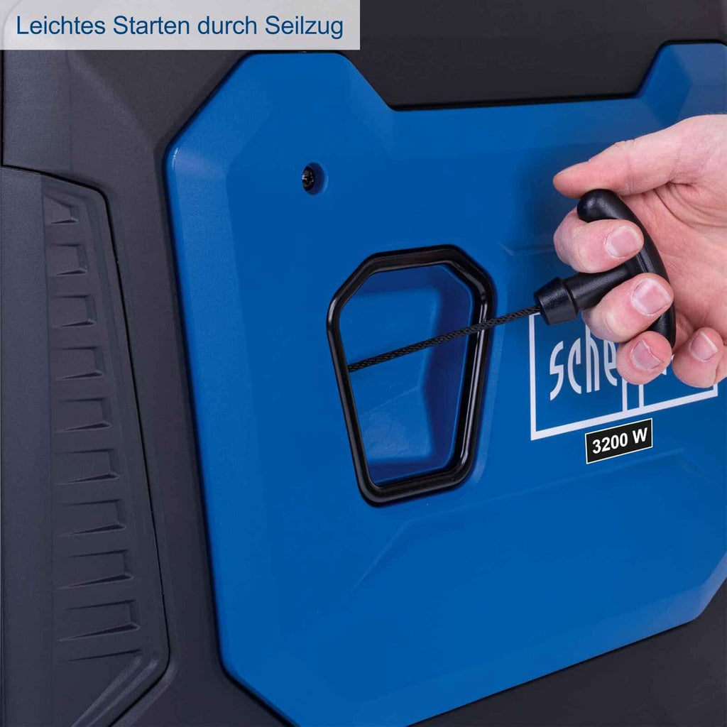 Generador eléctrico de gasolina inverter Scheppach SG3500i | con tecnología inverter para electrónica sensible | 3500 W | tomas de corriente 2x230 V / 2xUSB tipo A / 1x12 V CC | 66 dB de nivel sonoro