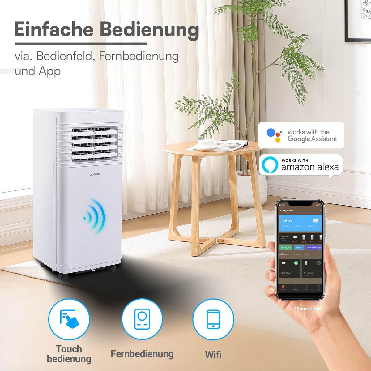 Acondicionador de aire portátil BE COOL 7000 BTU con Wi-Fi, 3 en 1 para refrigerar, deshumidificar y ventilar, para habitaciones de hasta 24 m², mando a distancia, temporizador, modo noche, clase energética A, blanco
