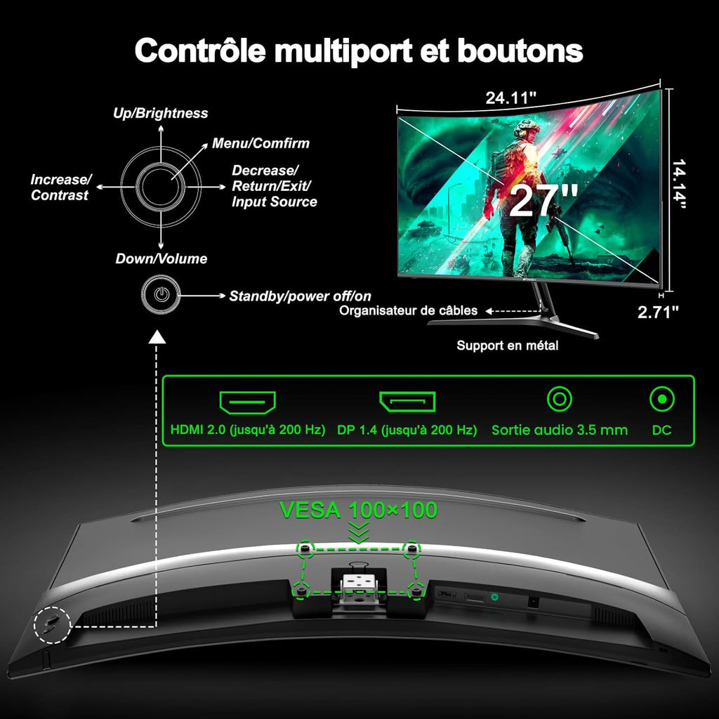 Monitor curvo para juegos Minifire de 27 pulgadas MFG27C1, 200Hz, 1Ms, 130% sRGB, monitor con altavoces, panel VA de 1920 * 1080 (MFG27C1 con cable HDMI)