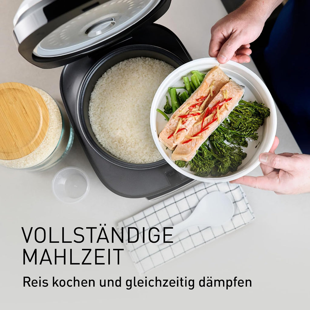 Panasonic SR-DA152KXE Arrocera automática con vaporera, 1,5 litros, 8 tazas, lógica difusa (Fuzzy Logic), indicador de proporción de agua, libre de BPA, función de mantener caliente, inicio programado, piezas aptas para lavavajillas, negro