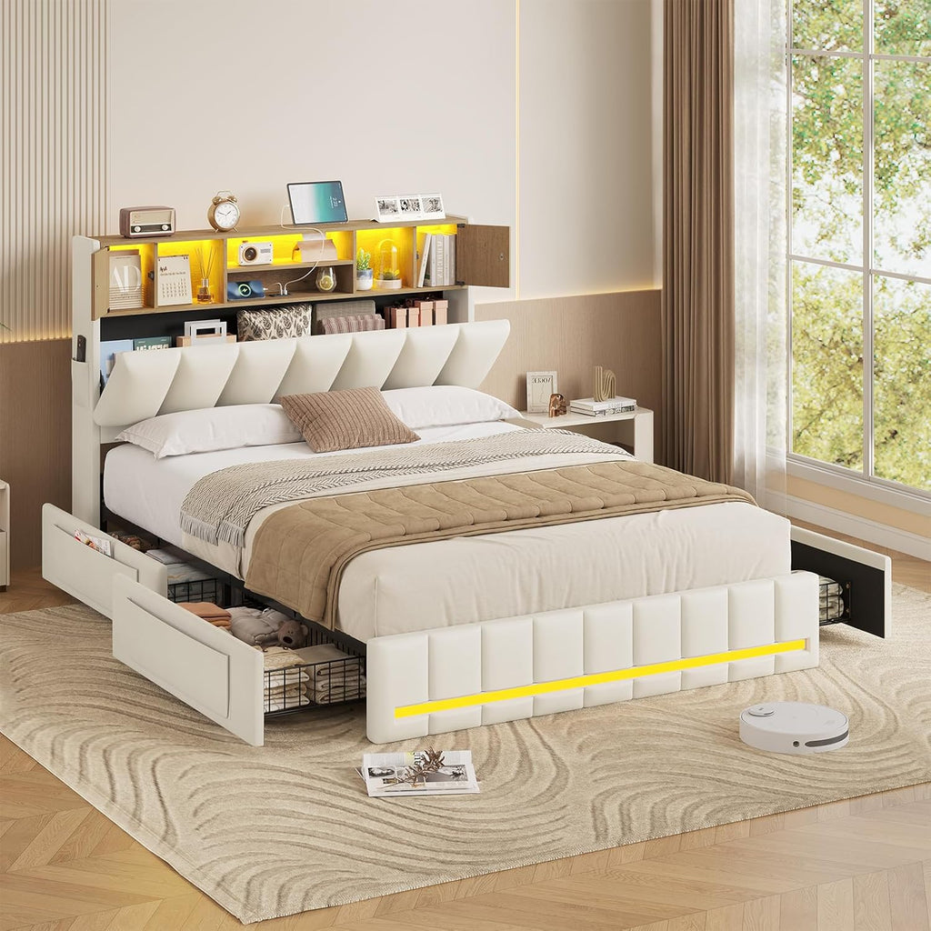 Cama KIMENICH 140x200 cm, estructura de cama doble, cama con iluminación LED, cama tapizada, 4 cajones, estación de carga, marco de metal y cabecero de madera con almacenamiento, para dormitorio, habitación de invitados, blanco + natural