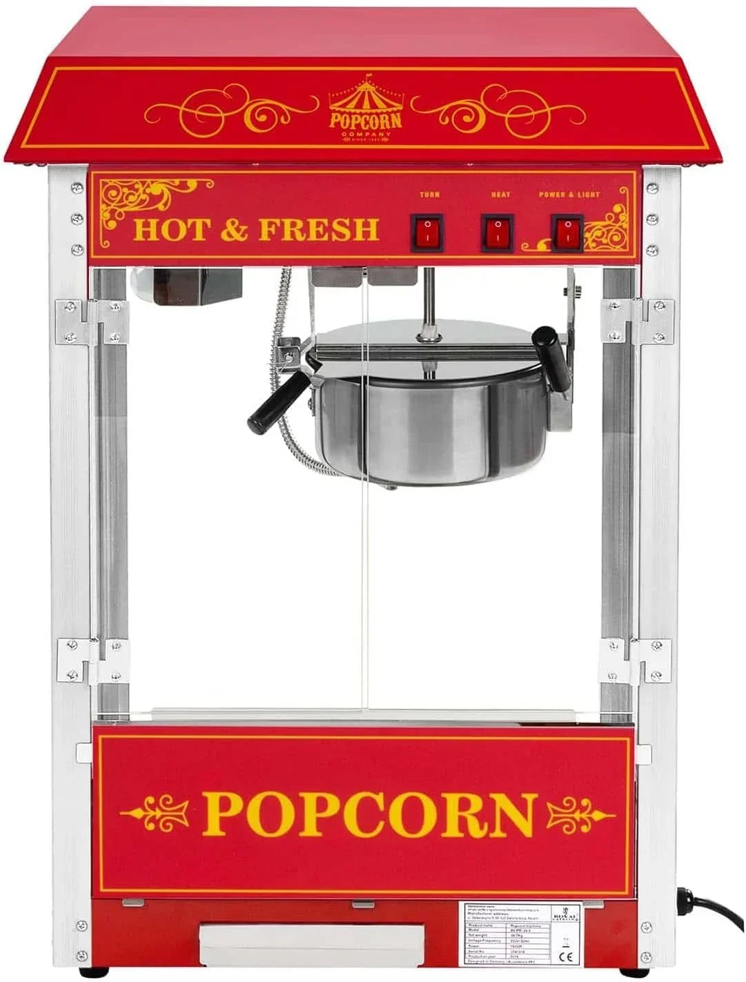 Máquina de palomitas 1500W 5 kg/h diseño retro roja acero inoxidable vidrio aluminio máquina comercial de palomitas