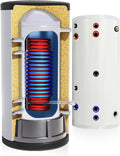 TECHGLOBE - Acumulador de agua sanitaria con 2 intercambiadores de calor (1,8 + 3,1 m²) - Fabricado completamente en acero inoxidable - Acumulador de agua caliente eficiente energéticamente - con aislamiento de 50 mm (300 L)