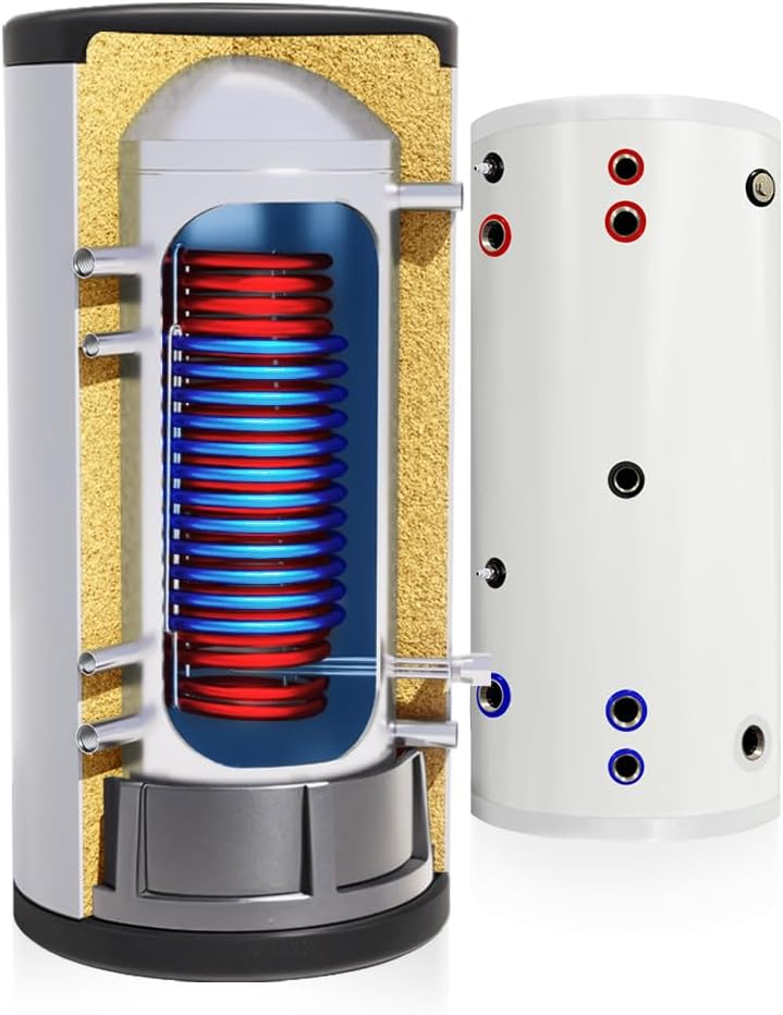 TECHGLOBE - Acumulador de agua sanitaria con 2 intercambiadores de calor (1,8 + 3,1 m²) - Fabricado completamente en acero inoxidable - Acumulador de agua caliente eficiente energéticamente - con aislamiento de 50 mm (300 L)