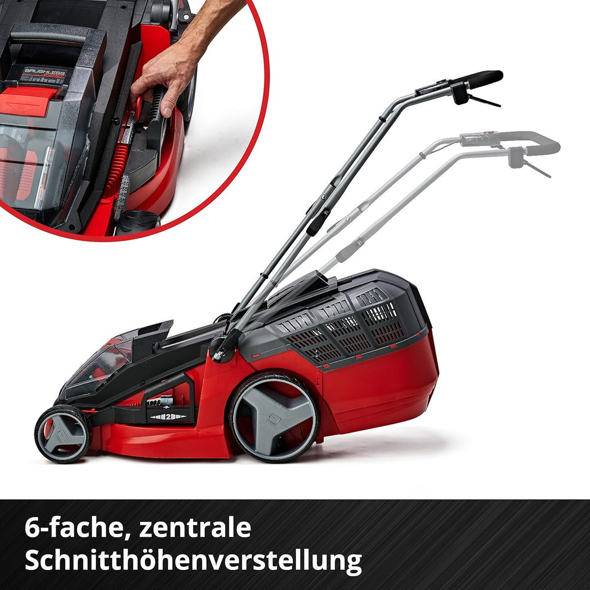 Cortacésped inalámbrico Einhell GE-CM 43 Li M Kit Power X-Change (36 V, ancho de corte de 43 cm, hasta 600 m², sin escobillas, kit de mulching, cesta colectora de 63 L, altura de corte de 25-75 mm, incl. 2 baterías de 4,0 Ah + 2 cargadores)