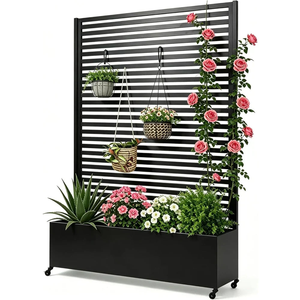 Jardinera con enrejado, macetero elevado de metal con ruedas, biombo de privacidad, 120x40x185 cm, rectangular, para jardín, balcón y terraza