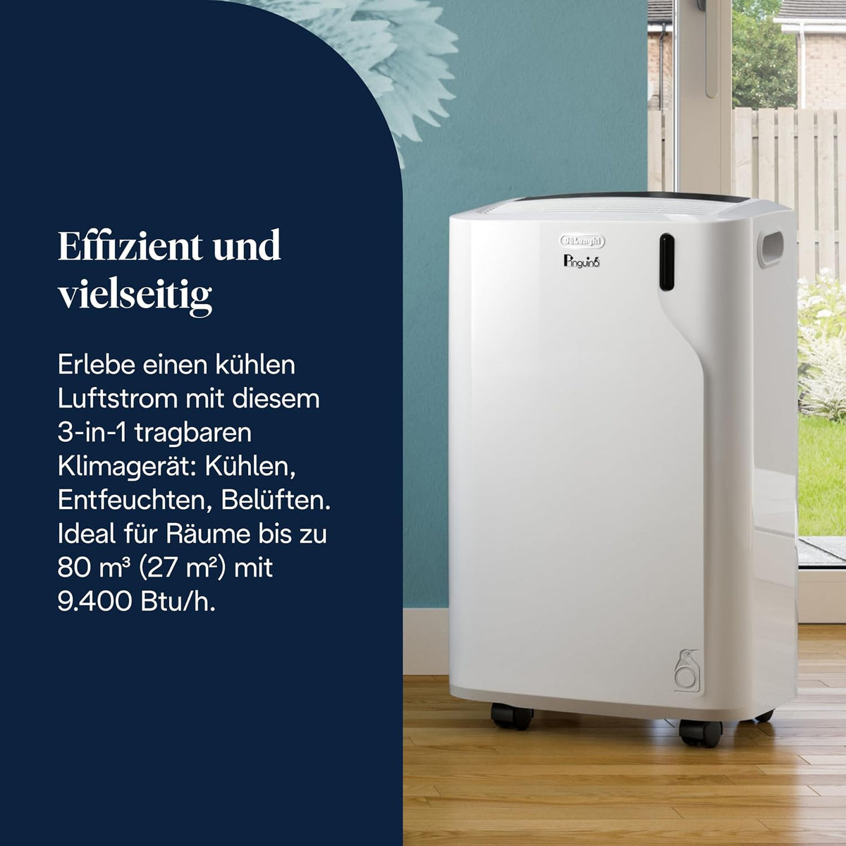 De'Longhi Pinguino - Aire acondicionado portátil 3 en 1, para habitaciones de hasta 27 m², con deshumidificador y ventilador, 9400 BTU, funcionamiento silencioso, mando a distancia, temporizador de 24 h, clase de eficiencia energética A (PACEM82)
