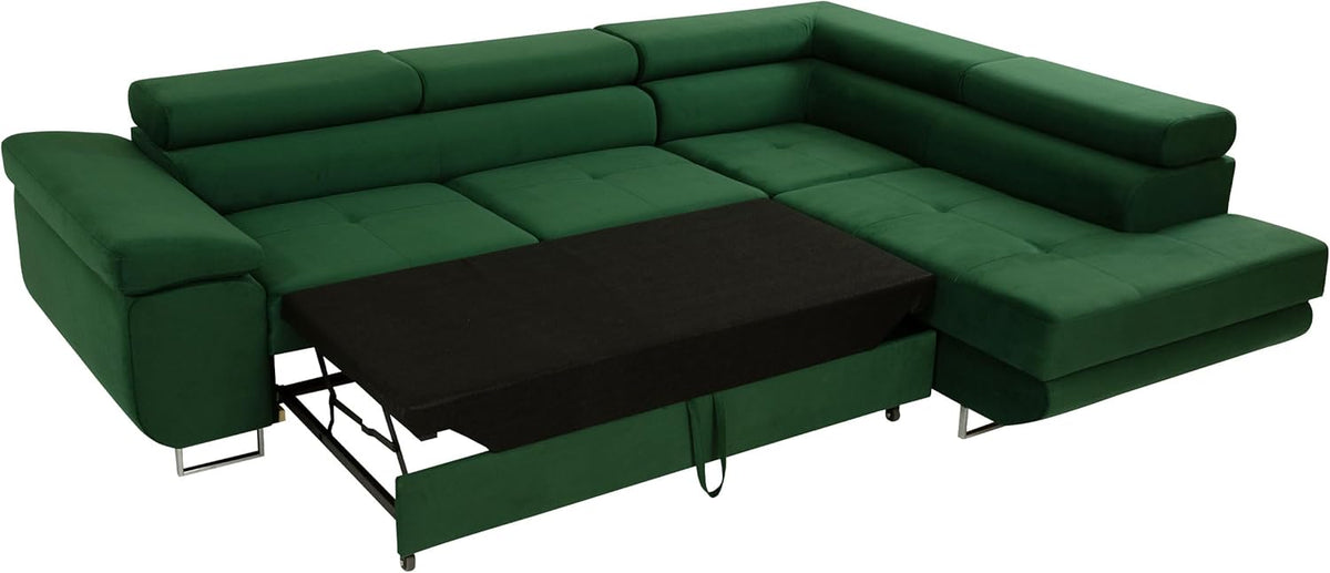 Sofá rinconero Mirjan24 Torezio con arcón, reposacabezas ajustables, sofá cama, sofá esquinero para salón, sofá tapizado, sofá en forma de L con función cama (Manila 16, lado: derecho)