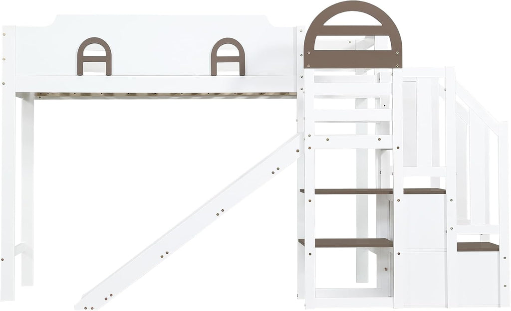 Kinderbett Etagenbett 90x200,Hausbett Hochbett mit Rutsche&Regal&Stauraum Treppe,Bettgestell mit Rausfallschutz&Lattenrost, Funktionsbett Stockbett Spielbett Jugendbett,Kiefernholz,Ohne Matratze,Weiß